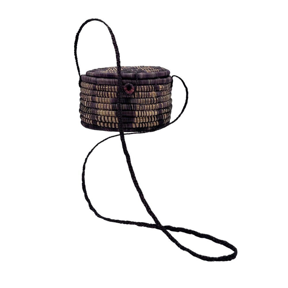 Unbranded Woven Basket Crossbody Bag Small Purple Tan Hand-Woven Boho Purse